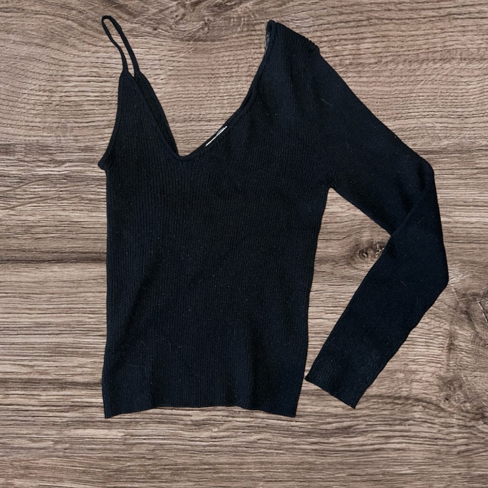 Twine & String One Shoulder Ribbed Long Sleeve Black Large